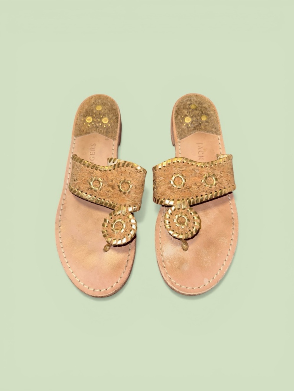 Jack Rogers Napa Valley Flat, Thong Cork, Leather Sandals with Gold Accents  9.5